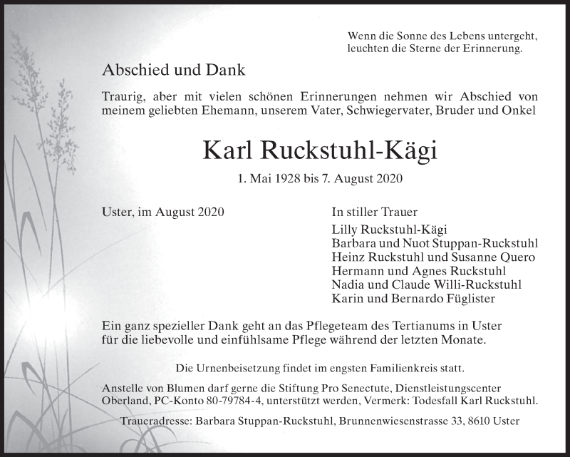  Traueranzeige für Karl Ruckstuhl-Kägi vom 18.08.2020 aus AvU