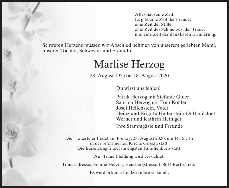  Traueranzeige für Marlise Herzog vom 21.08.2020 aus AvU