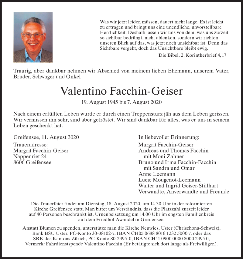  Traueranzeige für Valentino Facchin-Geiser vom 14.08.2020 aus AvU