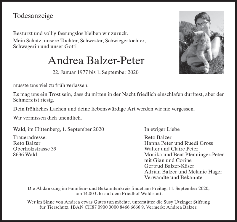  Traueranzeige für Andrea Balzer-Peter vom 08.09.2020 aus AvU