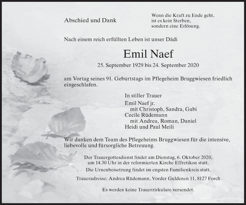  Traueranzeige für Emil Naef vom 30.09.2020 aus AvU