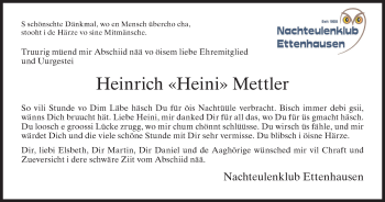 Traueranzeige von Heinrich Mettler von AvU