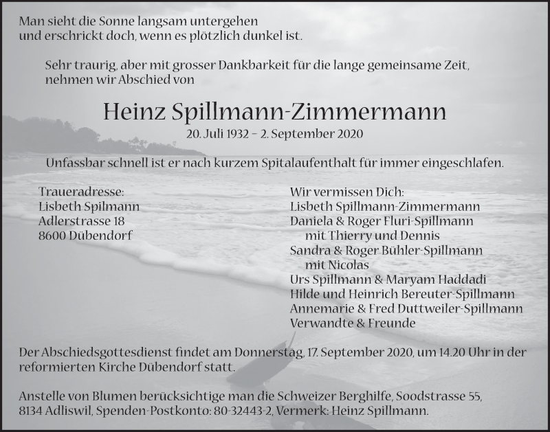 Traueranzeige für Heinz Spillmann-Zimmermann vom 11.09.2020 aus VO solo