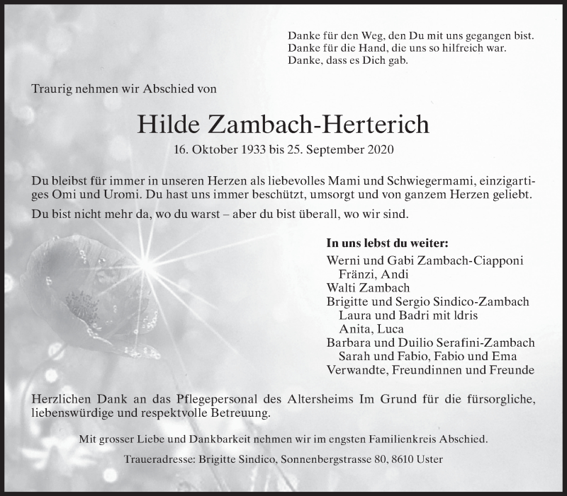  Traueranzeige für Hilde Zambach-Herterich vom 30.09.2020 aus AvU