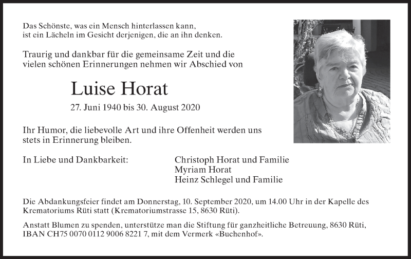  Traueranzeige für Luise Horat vom 05.09.2020 aus AvU