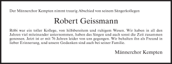 Traueranzeige von Robert Geissmann von AvU