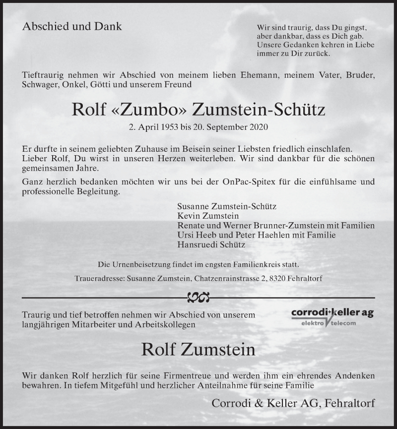  Traueranzeige für Rolf  Zumstein-Schütz vom 23.09.2020 aus AvU
