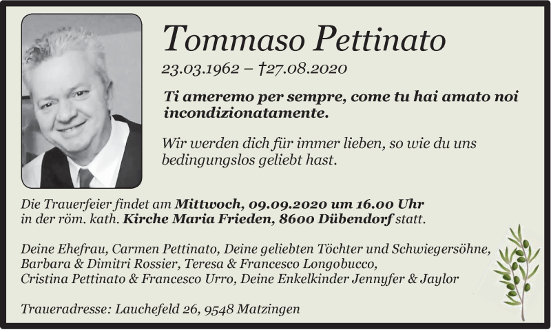  Traueranzeige für Tommaso Pettinato vom 04.09.2020 aus GL solo