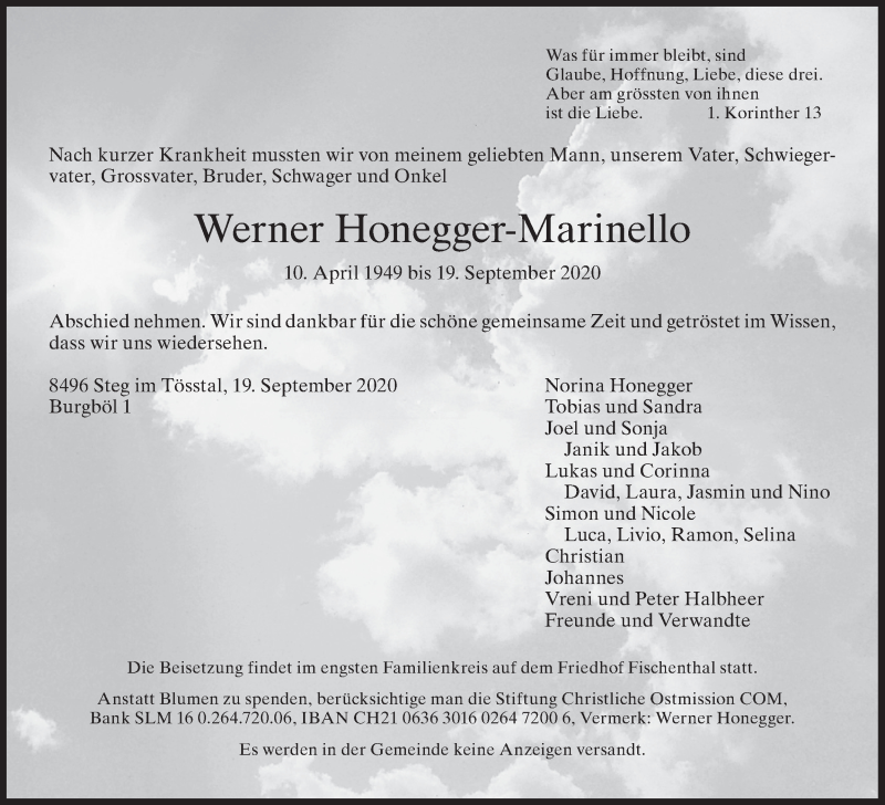  Traueranzeige für Werner Honegger-Marinello vom 24.09.2020 aus AvU