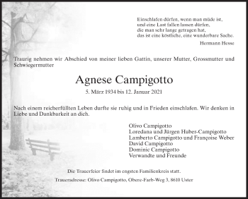 Traueranzeige von Agnese Campigotto von ZO solo