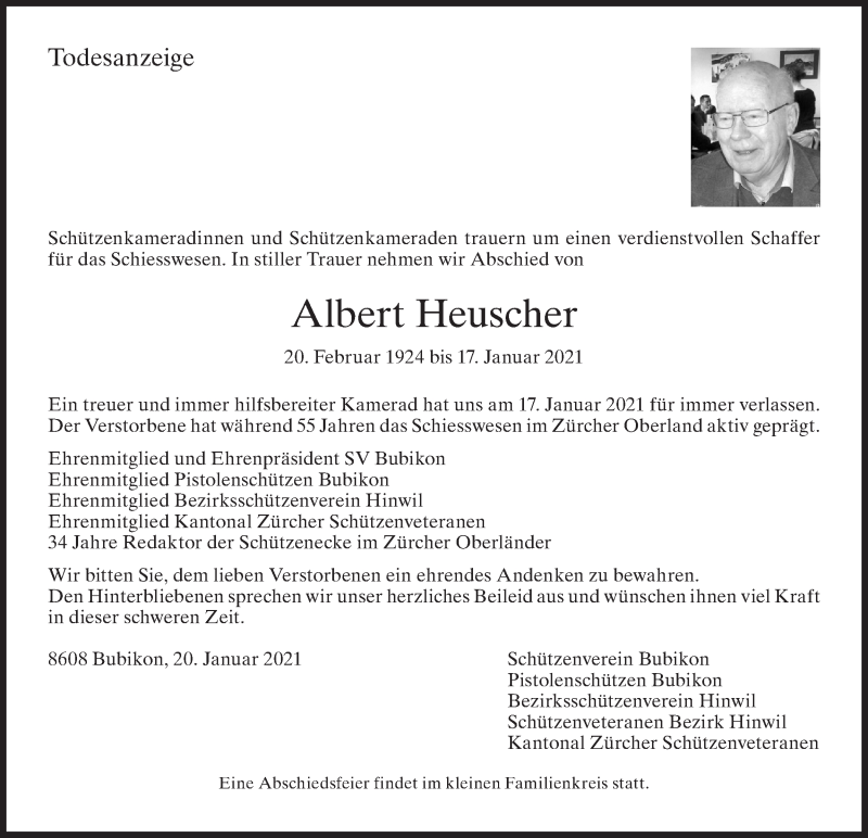  Traueranzeige für Albert Heuscher vom 23.01.2021 aus AvU