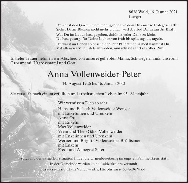 Traueranzeige für Anna Vollenweider-Peter vom 22.01.2021 aus AvU