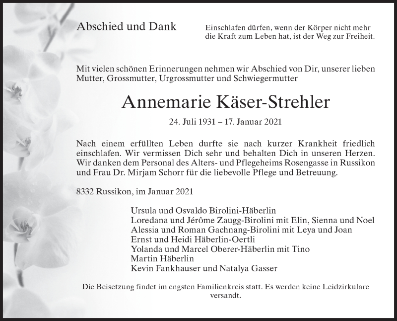  Traueranzeige für Annemarie Käser-Strehler vom 20.01.2021 aus ZO solo