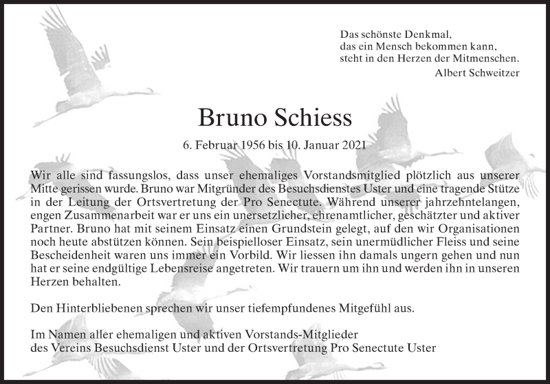  Traueranzeige für Bruno Schiess vom 22.01.2021 aus AvU