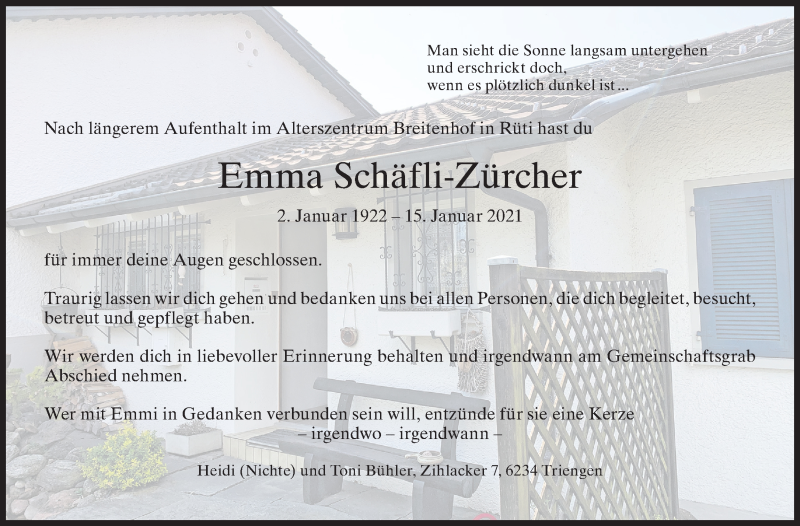  Traueranzeige für Emma Schäfli-Zürcher vom 22.01.2021 aus AvU