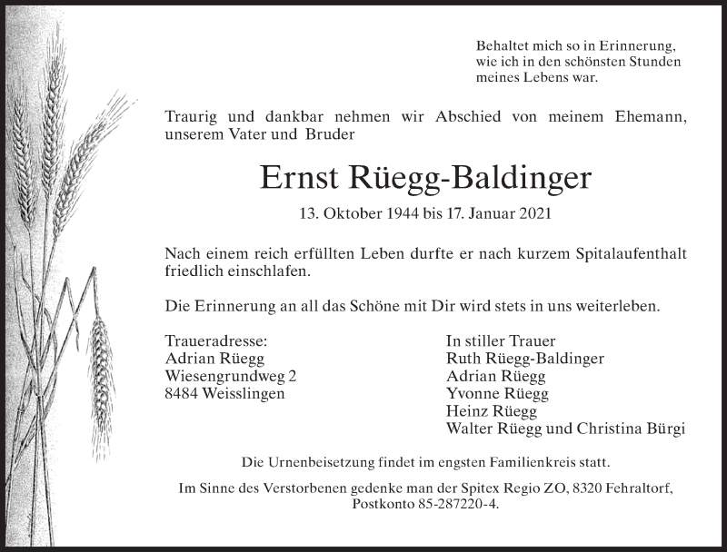  Traueranzeige für Ernst Rüegg-Baldinger vom 20.01.2021 aus ZO solo