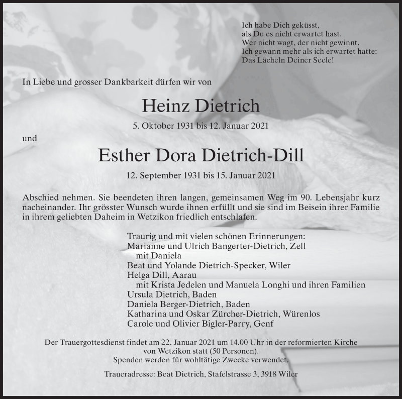  Traueranzeige für Esther Dora Dietrich-Dill vom 19.01.2021 aus AvU