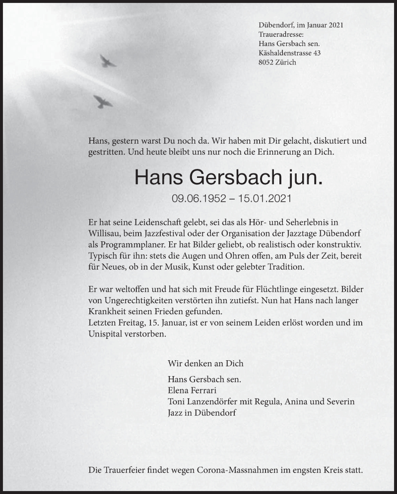  Traueranzeige für Hans Gersbach vom 22.01.2021 aus VO solo