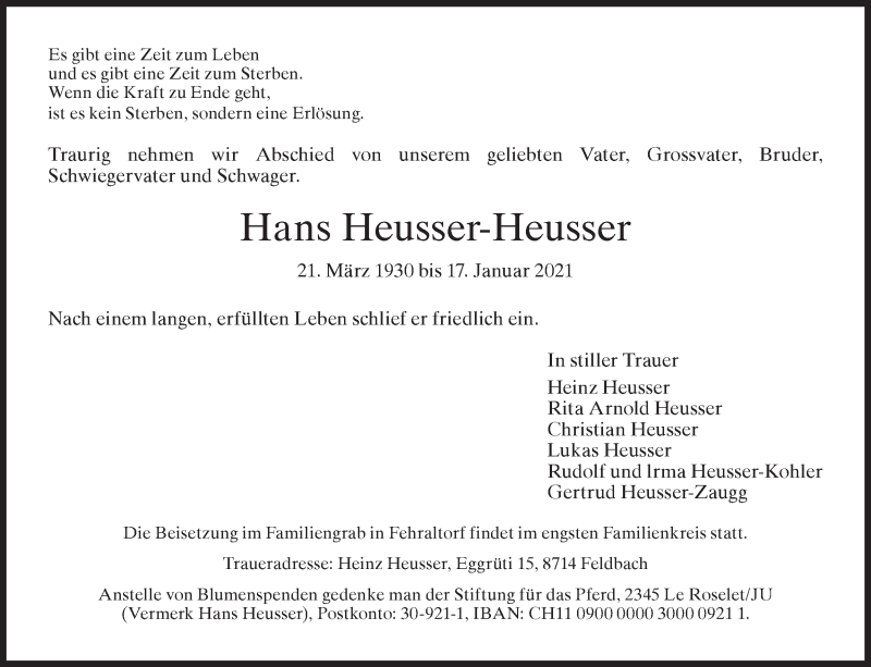  Traueranzeige für Hans Heusser-Heusser vom 20.01.2021 aus ZO solo