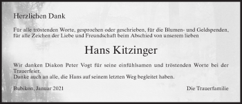 Traueranzeige von Hans Kitzinger von ZO solo