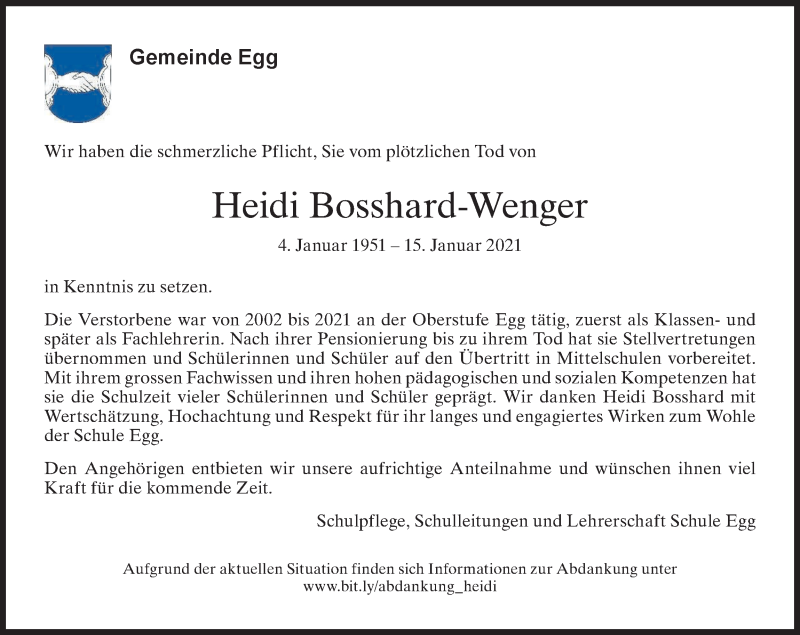  Traueranzeige für Heidi Bosshard-Wenger vom 27.01.2021 aus ZO solo