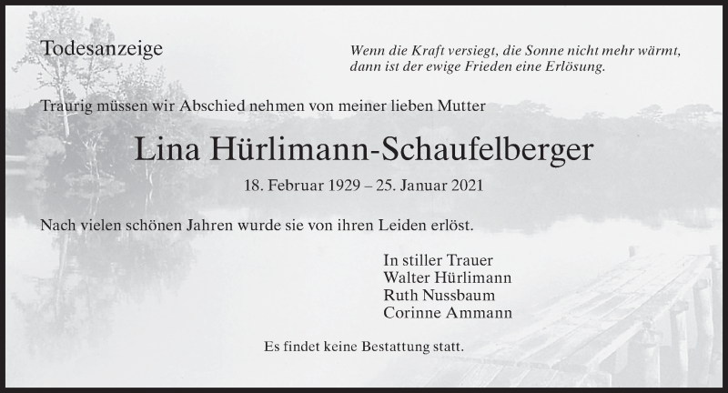  Traueranzeige für Lina Hürlimann-Schaufelberger vom 29.01.2021 aus AvU