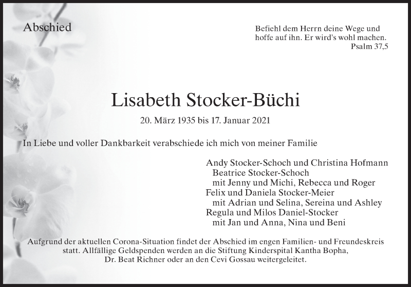  Traueranzeige für Lisabeth Stocker-Büchi vom 22.01.2021 aus AvU