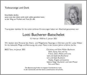 Traueranzeige von Lotti Bucherer-Batschelet von AvU