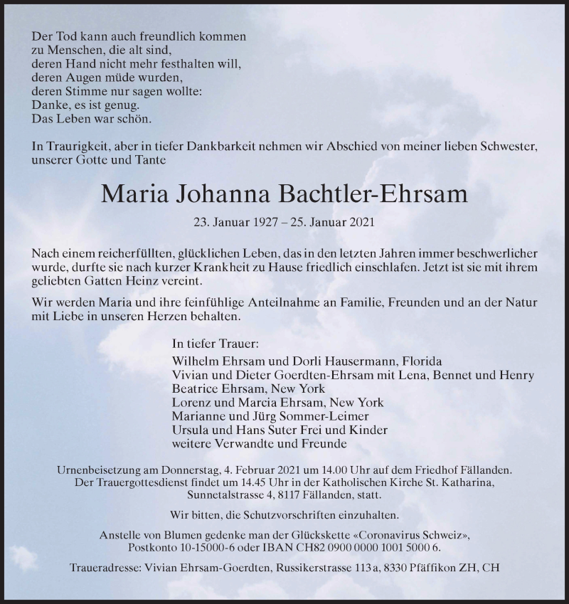  Traueranzeige für Maria Johanna Bachtler-Ehrsam vom 29.01.2021 aus VO solo