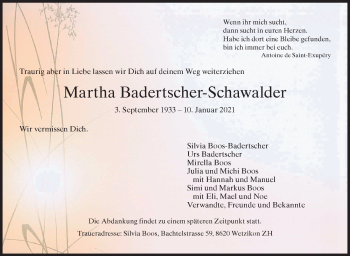Traueranzeige von Martha Badertscher-Schawalder von ZO solo