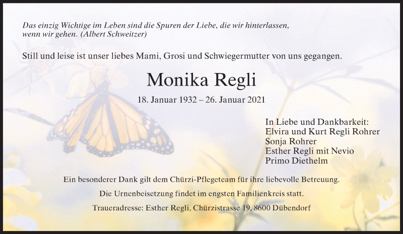  Traueranzeige für Monika Regli vom 29.01.2021 aus VO solo
