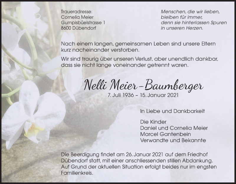  Traueranzeige für Nelli Meier-Baumberger vom 22.01.2021 aus VO solo