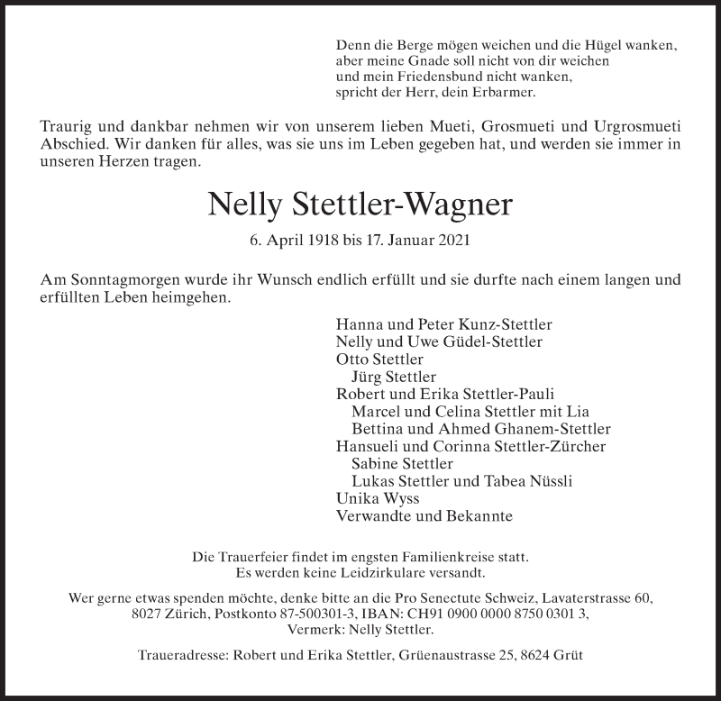  Traueranzeige für Nelly Stettler-Wagner vom 22.01.2021 aus AvU