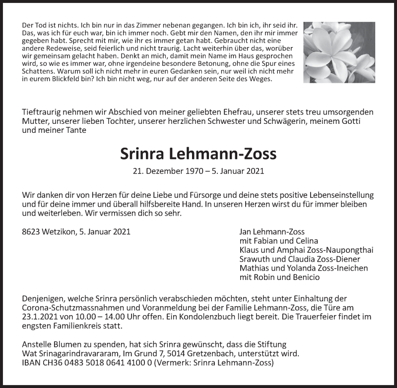  Traueranzeige für Srinra Lehmann-Zoss vom 13.01.2021 aus AvU