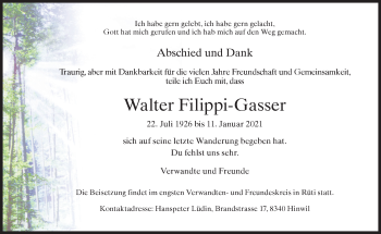 Traueranzeige von Walter Filippi-Gasser von ZO solo