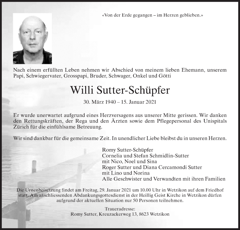  Traueranzeige für Willi Sutter-Schüpfer vom 20.01.2021 aus ZO solo