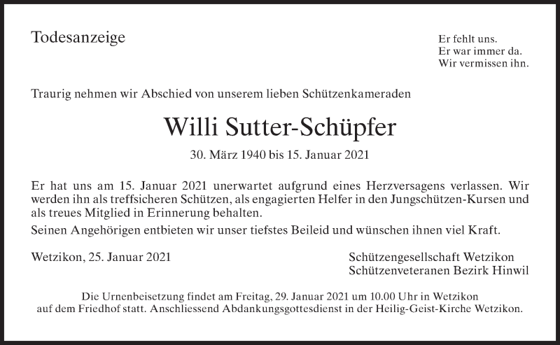  Traueranzeige für Willi Sutter-Schüpfer vom 27.01.2021 aus ZO solo