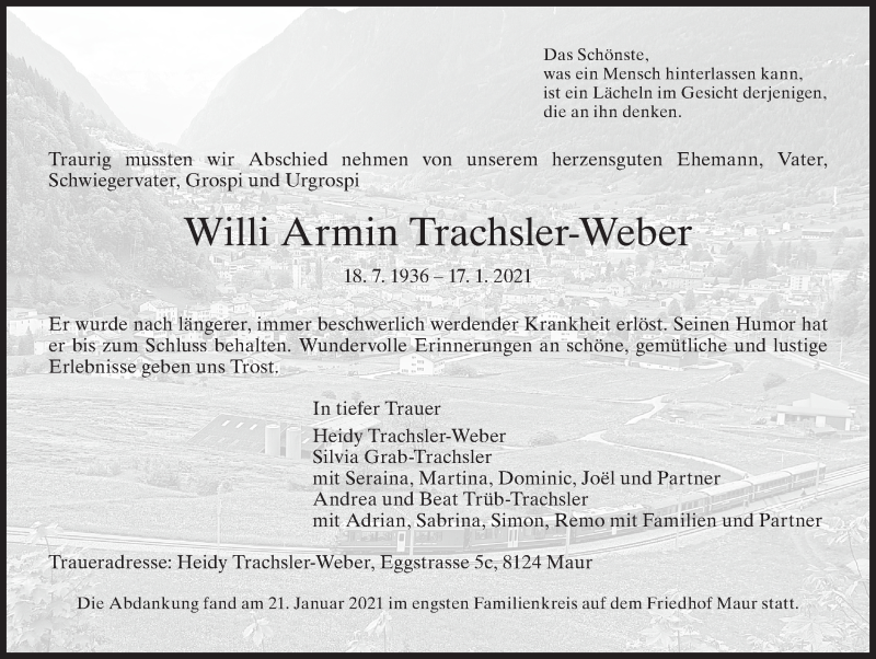  Traueranzeige für Willi Armin Trachsler-Weber vom 22.01.2021 aus AvU