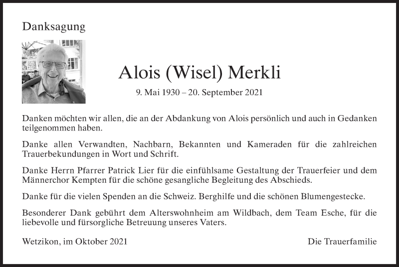  Traueranzeige für Alois Merkli vom 20.10.2021 aus AvU