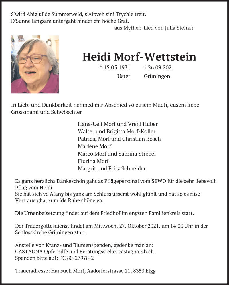  Traueranzeige für Heidi Morf-Wettstein vom 06.10.2021 aus AvU
