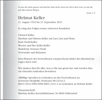Traueranzeige von Helmut Keller von VO solo