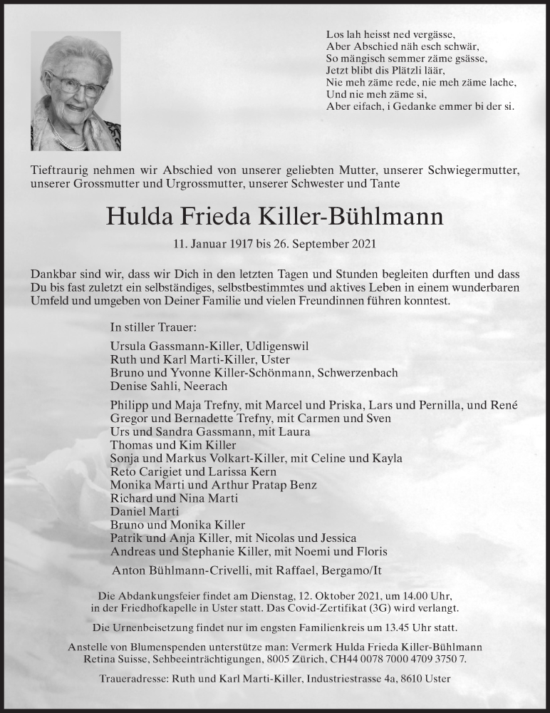  Traueranzeige für Hulda Frieda Killer-Bühlmann vom 06.10.2021 aus AvU