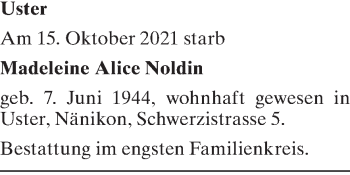 Traueranzeige von Madeleine Alice Noldin von AvU