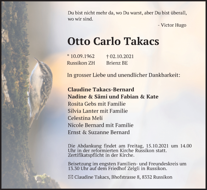  Traueranzeige für Otto Carlo Takacs vom 07.10.2021 aus AvU
