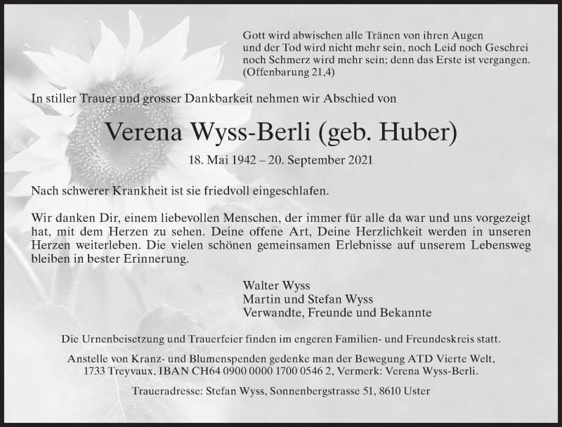  Traueranzeige für Verena Wyss-Berli vom 06.10.2021 aus AvU