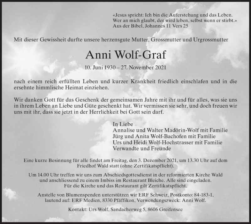  Traueranzeige für Anni Wolf-Graf vom 01.12.2021 aus AvU