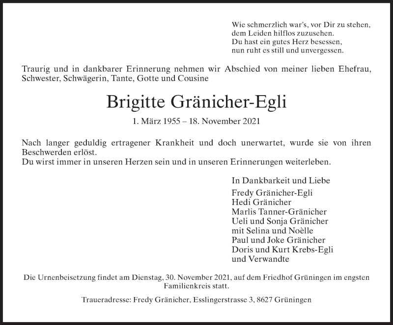  Traueranzeige für Brigitte Gränicher-Egli vom 24.11.2021 aus AvU