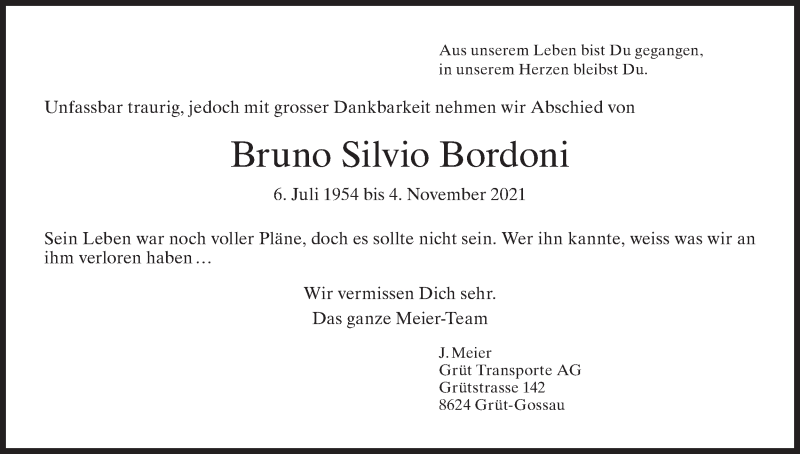  Traueranzeige für Bruno Silvio Bordoni vom 10.11.2021 aus AvU
