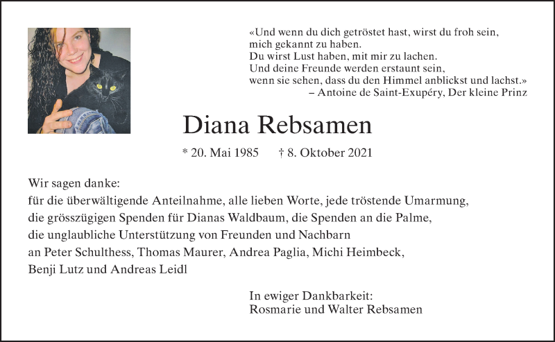 Traueranzeige für Diana Rebsamen vom 10.11.2021 aus AvU