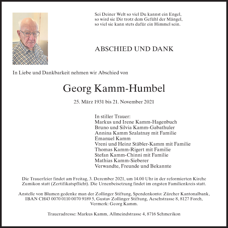  Traueranzeige für Georg Kamm-Humbel vom 27.11.2021 aus AvU